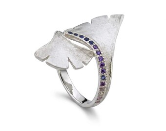 Ginkgo leaf silver ring. ginkgo ring, silver leaf ring, rainbow gemstones silver ring, ginko leaves silver ring, nature silver leaf ring