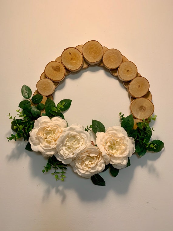 Cream Rose Wood Slice Wreath Wood Wreath Outdoor Wreath | Etsy
