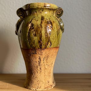 Vintage Studio Pottery Wall Vase | Olive Green Drip Glaze, Earth Tone Ceramic, Mid Century