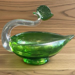 Vintage Green Glass Swan Candy Dish image 1
