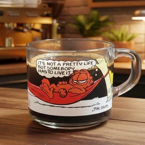 May include: A clear glass coffee mug filled with dark coffee. The mug features a Garfield cartoon illustration of Garfield relaxing in a hammock with the text "IT'S NOT A PRETTY LIFE BUT SOMEBODY HAS TO LIVE IT".
