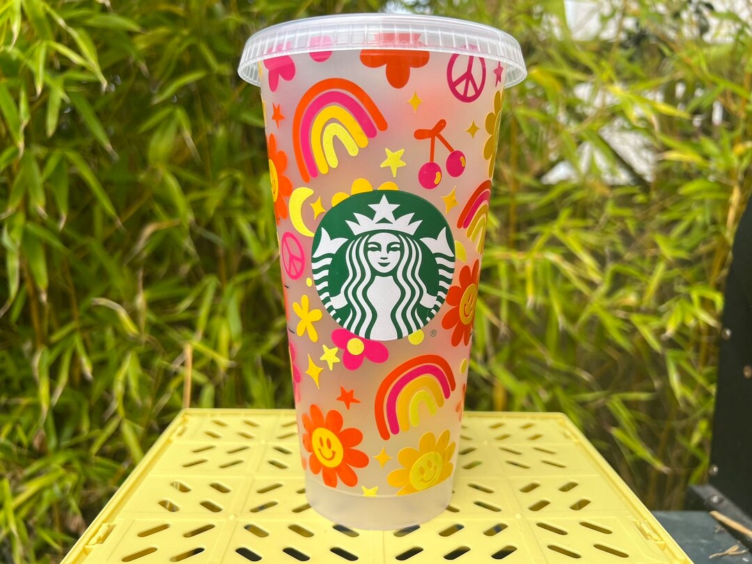 Retro Groovy Starbucks Iced Coffee Cup Y2K Aesthetic Rainbow Etsy
