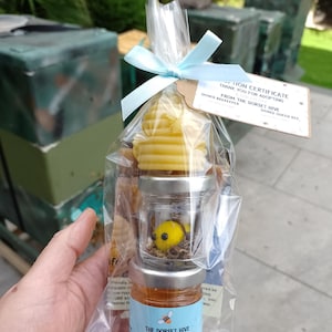May include: A Dorset Hive honey gift set, including a jar of honey, a bee-shaped candle, and a small bee figurine. The set is packaged in cellophane and tied with a light blue ribbon. The honey jar has a blue label. A tag reads "Adoption Certificate".