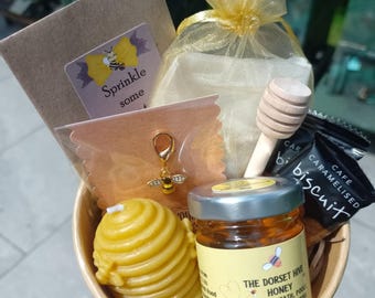 Bee Calm! Gift Pack - Honey / Beeswax Candle / Tea Bags / Biscuits / Bee Charm / Personalised Gift
