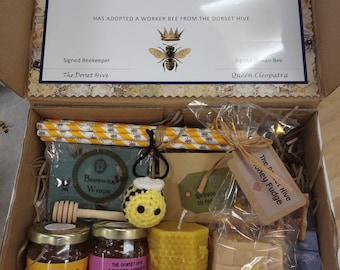 Adopt A Bee - Dorset Honey Gift Box with Dorset Honey, Beewax Candle / Wrap, Confectionery & Assorted Bee Themed Gifts