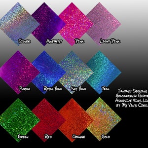 Puede incluir: Una carta de colores de vinilo adhesivo con purpurina hologr&aacute;fica en 12 colores: plata, amatista, rosa, rosa claro, morado, azul real, azul cielo, turquesa, verde, rojo, naranja y dorado. La carta est&aacute; etiquetada como "Fantasy Sequins Holographic Glitter Adhesive Vinyl Line by My Vinyl Circle."