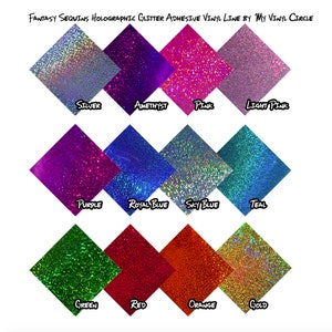 May include: A variety of holographic glitter adhesive vinyl sheets in different colors, including silver, amethyst, pink, light pink, purple, royal blue, sky blue, teal, green, red, orange, and gold. FANTASY SEQUINS HOLOGRAPHIC GLITTER ADHESIVE VINYL LINE BY MY VINYL CIRCLE.