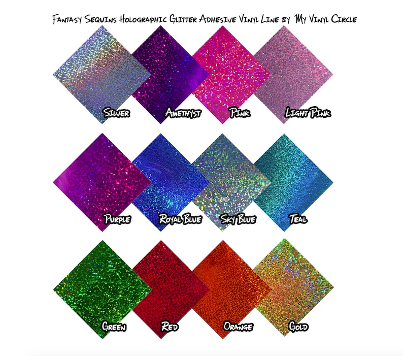 Puede incluir: Una variedad de l&aacute;minas de vinilo adhesivo con purpurina hologr&aacute;fica en diferentes colores, incluyendo plata, amatista, rosa, rosa claro, morado, azul real, azul cielo, turquesa, verde, rojo, naranja y dorado. FANTASY SEQUINS HOLOGRAPHIC GLITTER ADHESIVE VINYL LINE BY MY VINYL CIRCLE.