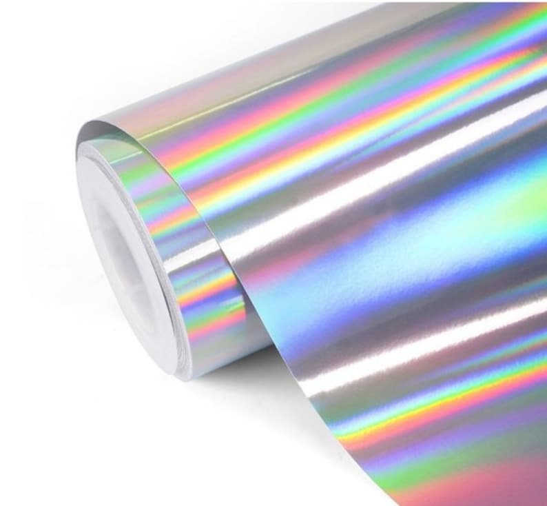 Rainbow Chrome Oil Slick Adhesive Vinyl Sheets or roll, Holographic Silver Chrome Metallic Vinyl, Permanent Outdoor Decal Vinyl image 1