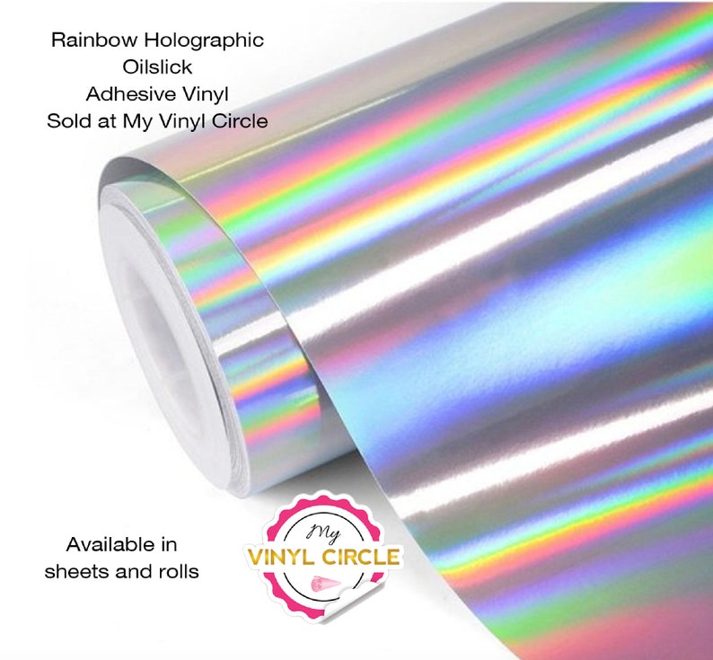 May include: A roll of iridescent holographic adhesive vinyl with a rainbow oil slick effect. The vinyl is available in sheets and rolls and is sold at My Vinyl Circle.