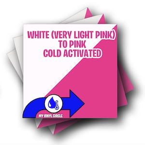 Może przedstawiać: Biało-r&oacute;żowy, aktywowany zimnem winyl z niebieską strzałką i ikoną kropli wody. Tekst na winylu brzmi "WHITE (VERY LIGHT PINK) TO PINK COLD ACTIVATED" i "MY VINYL CIRCLE".