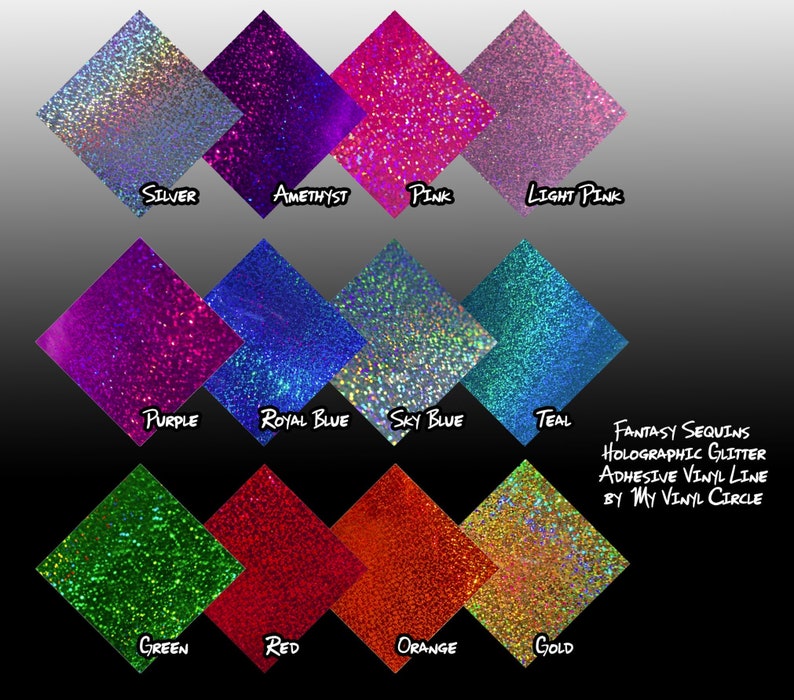 Puede incluir: Una carta de colores de vinilo adhesivo con purpurina hologr&aacute;fica en 12 colores: plata, amatista, rosa, rosa claro, morado, azul real, azul cielo, turquesa, verde, rojo, naranja y dorado. La carta est&aacute; etiquetada como "Fantasy Sequins Holographic Glitter Adhesive Vinyl Line by My Vinyl Circle."