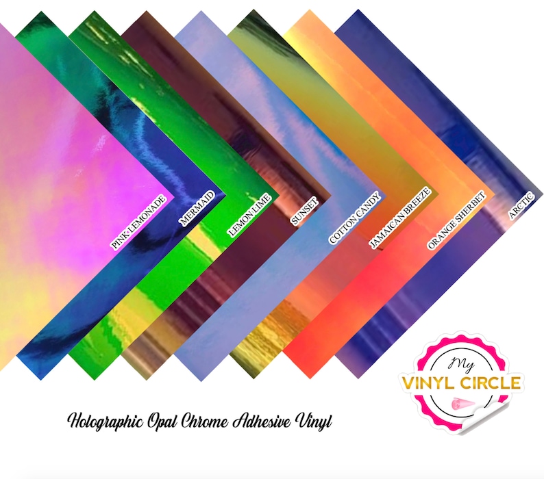 Peut inclure: Un ensemble de dix feuilles de vinyle adh&eacute;sif chrom&eacute; opale holographique dans diff&eacute;rentes couleurs, notamment limonade rose, sir&egrave;ne, citron vert, coucher de soleil, barbe &agrave; papa, brise jama&iuml;caine, sorbet orange et arctique. Les feuilles sont dispos&eacute;es en &eacute;ventail avec le nom de chaque couleur imprim&eacute; en dessous. Le texte "My Vinyl Circle" est imprim&eacute; dans un cercle sur fond rose dans le coin inf&eacute;rieur droit de l'image.