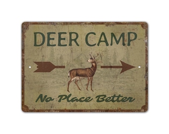 Hjortlägerskylt - Campingälskarens present - Anpassad campingskylt - Hjortlägerdekor - Skylt i vintagestil - Rustik metallskylt av premiumkvalitet