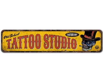 Letrero de estudio de tatuajes - Letrero de tienda de tatuajes - Decoración de tienda de tatuajes - Regalo para amantes de los tatuajes - Letrero de estilo vintage - Letrero de metal rústico de primera calidad