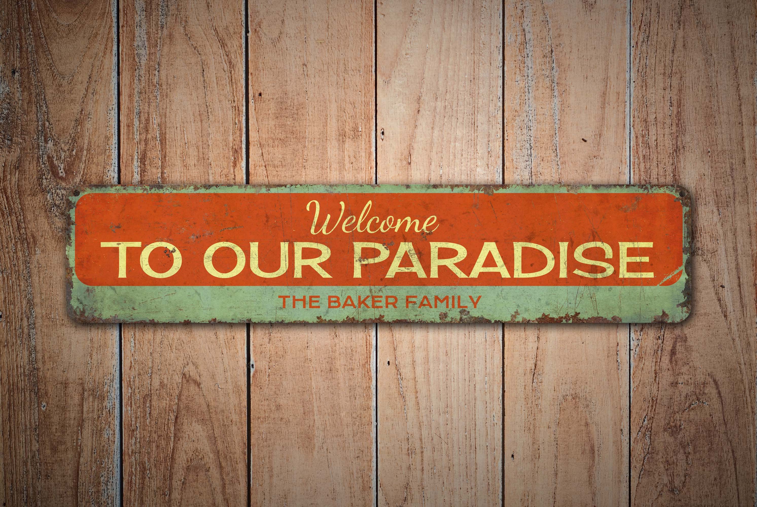 Targa In Metallo 40x10 Cm 'Welcome To Paradise' Stile Rustico, Con Fori Per Appendere - 2