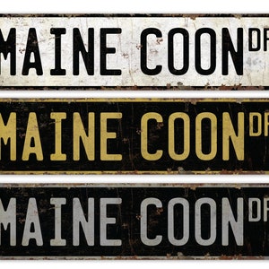 May include: Three vintage-style metal signs with the text "Maine Coon Dr." in black, gold, and silver lettering on a black background.
