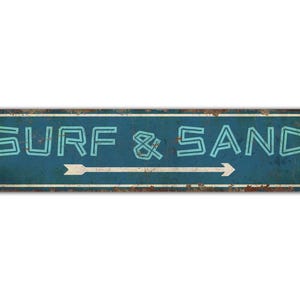 Surf- och sandskylt - Strandskylt - Stranddekor - Gåva för strandälskare - Surfspelskylt - Skylt i vintagestil - Rustik metallskylt av premiumkvalitet