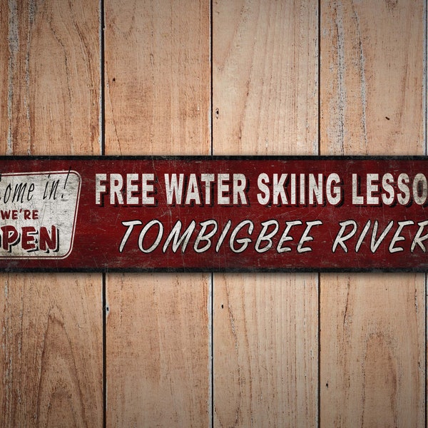 Free Water Ski Lesson - Water Skiing Lesson - Vintage Style Sign - Water Ski Sign - Custom Skiing Decor - Premium Quality Rustic Metal Sign