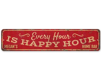 Hembarskylt - Vintage-stilskylt - Happy Hour-skylt - Happy Hour-dekor - Hembardekor - Rustik metallskylt av högsta kvalitet