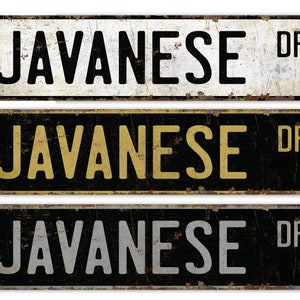 Peut inclure: Trois panneaux de signalisation routière en métal de style vintage avec le texte "Javanese Dr." Le panneau du haut a un fond blanc avec du texte noir. Le panneau du milieu a un fond noir avec du texte doré. Le panneau du bas a un fond noir avec du texte argenté.