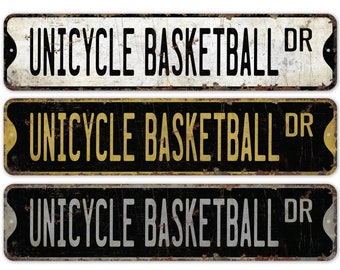 Einrad Basketball - Einradschild - Basketball Schild - Basketball Spiel Schild - Benutzerdefiniertes Einrad - Premium Qualität rustikales Metallschild