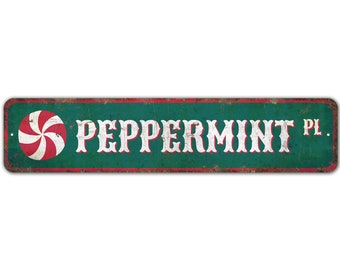 Insegna alla menta piperita - Caramelle alla menta piperita - Decorazioni natalizie - Bastoncino di zucchero - Insegna natalizia - Insegna in stile vintage - Insegna in metallo rustico di qualità premium