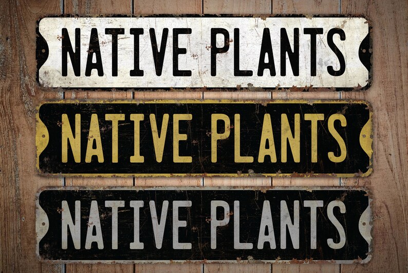 May include: Three vintage metal signs with the text "NATIVE PLANTS" in black, white, and yellow lettering on a rustic wooden background.