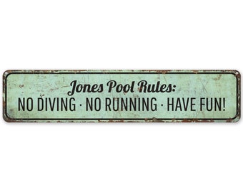Pool Rule Sign - No Diving Sign - Pool Decor - Vintage Style Sign - No Running Sign - Family Pool Sign - Premium Quality Rustic Metal Sign