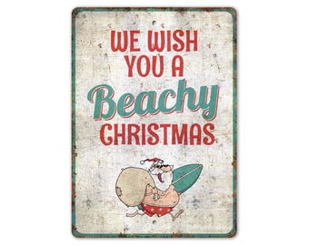 Placa "Desejamos a Você um Natal Praiano" - Decoração de Natal - Placa de Natal Costeira - Placa Estilo Vintage - Placa de Metal Rústico de Qualidade Premium