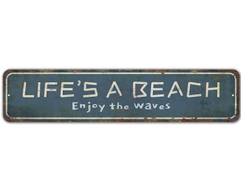 A vida é uma praia, aproveite as ondas - Placa "A vida é uma praia" - Placa de praia - Decoração de praia - Placa estilo vintage - Placa de metal rústico de qualidade premium