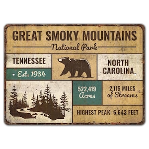 Great Smoky Mountains Sign - National Park Sign - Tennessee Sign - Camping Sign - Vintage Style Sign - Premium Quality Rustic Metal Sign