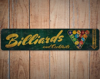 Billiards Downstairs Sign - Billiards And Cocktails  - Billiards Sign - Vintage Style Sign - Premium Quality Rustic Metal Sign