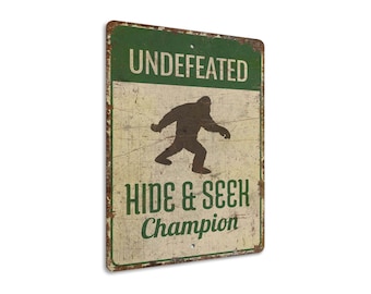 Esconde-esconde campeão - Esconde-esconde campeão - Esconde-esconde - Placa de campeão - Placa estilo vintage - Placa de metal rústico de qualidade premium