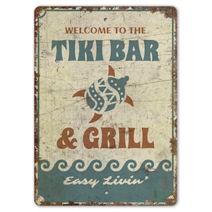 Tiki Bar And Grill Sign - Tiki Bar And Grill - Tiki Bar Sign - Tiki Bar Decor - Vintage Style Sign - Premium Quality Rustic Metal Sign