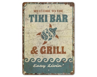 Tiki Bar And Grill Sign - Tiki Bar And Grill - Tiki Bar Sign - Tiki Bar Decor - Vintage Style Sign - Premium Quality Rustic Metal Sign
