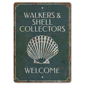 Walker och snäcksamlare - snäcksamlareskylt - strandhusskylt - stranddekor - skylt i vintagestil - rustik metallskylt av premiumkvalitet