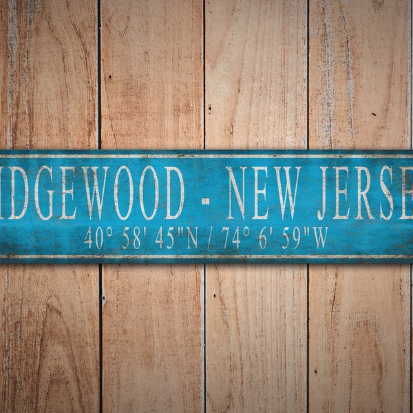 City State Lat Long - Lat Long Sign - Vintage Style Sign - Custom Location Sign - Light Blue Sign - Premium Quality Rustic Metal Sign