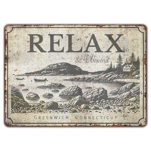 Relax And Unwind Sign - Beach Decor - Beach House Sign - Beach Lover Gift - Vintage Style Sign - Premium Quality Rustic Metal Sign