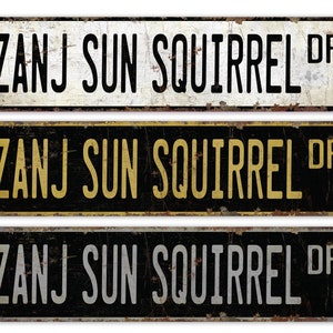 Può includere: Tre cartelli stradali in metallo in stile vintage con il testo "Zanj Sun Squirrel Dr" in lettere nere su sfondo bianco, lettere nere su sfondo dorato e lettere bianche su sfondo nero.