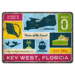Panneau personnalisé de carte de grille de Key West - panneau de Key West - panneau de coordonnées - panneau de carte de quadrillage - panneau de Style vintage - panneau en métal rustique de qualité Premium