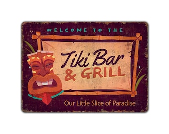 Tiki Bar And Grill Sign - Tiki Bar Sign - Tiki Lover Gift - Tiki Bar Decor - Vintage Style Sign - Premium Quality Rustic Metal Sign