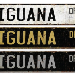 Może przedstawiać: Trzy metalowe znaki uliczne w stylu vintage z napisem "IGUANA DR" czarnymi literami na białym, czarnym i szarym tle.