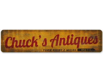 Antigüedades personalizadas - Letrero de tienda de antigüedades - Dirección de tienda de antigüedades - Letrero de estilo vintage - Letrero de metal rústico de primera calidad
