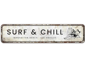 Placa de surfe e relaxamento - Decoração de surfe - Placa de casa de praia - Amante da praia - Placa de surfe - Placa estilo vintage - Placa de metal rústico de qualidade premium