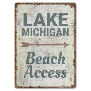 Lago Michigan - Señal de dirección del lago - Señal con el nombre del lago - Decoración del lago Michigan - Señal de estilo vintage - Señal metálica rústica de primera calidad