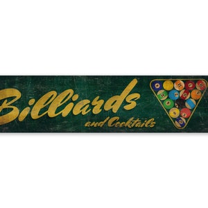 Billiards Downstairs Sign - Billiards And Cocktails  - Billiards Sign - Vintage Style Sign - Premium Quality Rustic Metal Sign