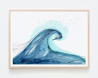 May include: A framed watercolor painting of a blue wave with a white background. The wave is drawn with thin black lines and has a blue watercolor wash.
