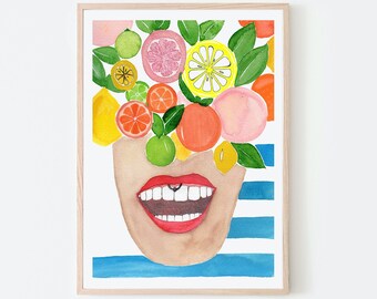 Citrus Smile, Modern Portrait, Watercolor, Giclee Print, Custom Portrait,