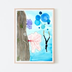 Korallen Taucher, Giclée Druck, Aquarell, Freitaucher, Taucher, Ozean Kunst, Koralle, Unterwasser